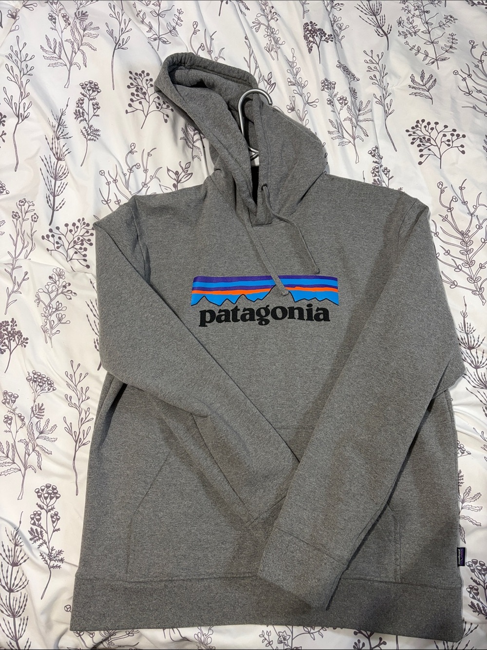 Patagonia Grey Pullover Hoodie with Multicolor Logo